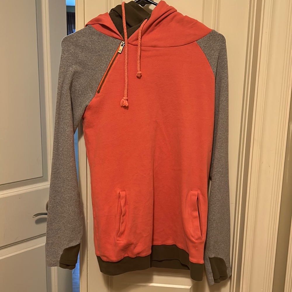& Double Hoodie in Coral, Olive and Gray